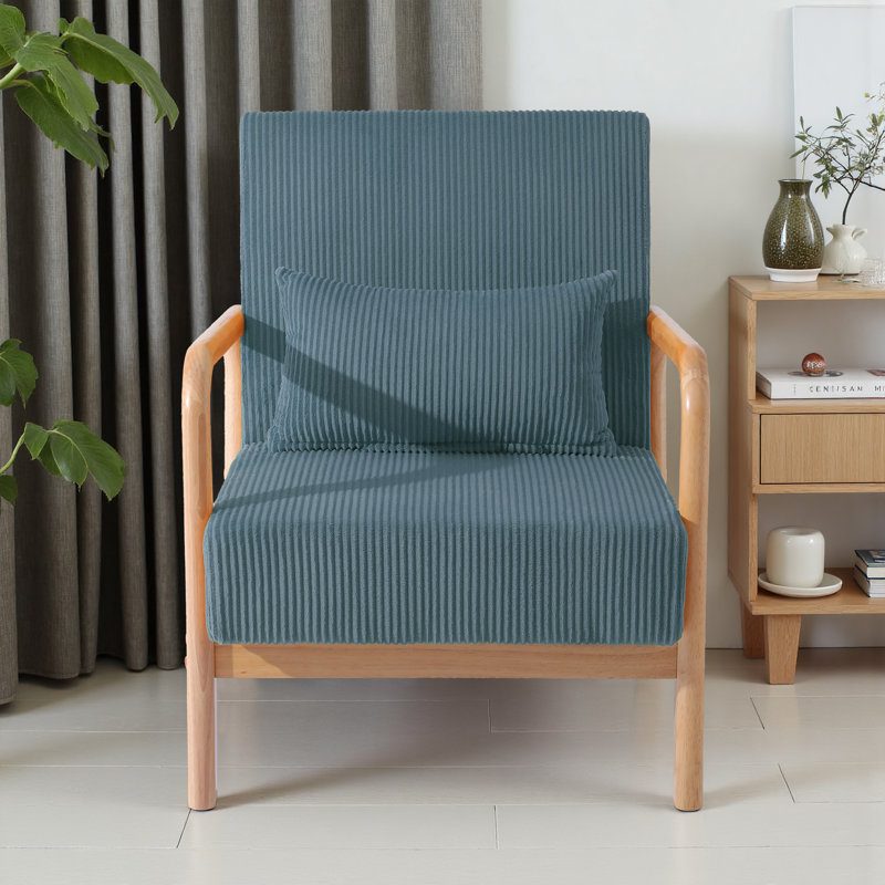 Jyrin Mid Century Upholstered Blue Corduroy Solid Wood Accent Chair with an Extra Pillow, Blue Corduroy, Natural Wood