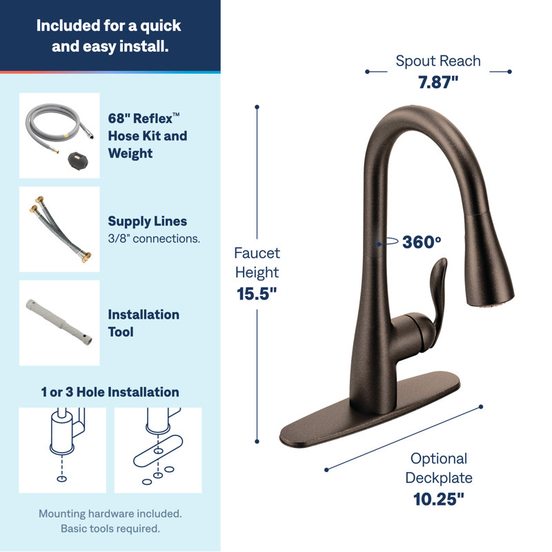 Robinet de cuisine rétractable à poignée unique avec fonctions Power Boost et Reflex de Moen Arbor, Bronze frotté à l'huile