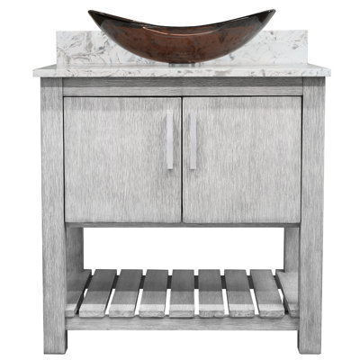 30-inch Bathroom Vanity with Mocha Quartz Top, Glass Sink and Hardware