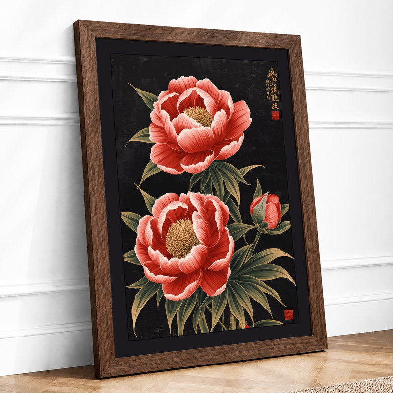 Peonies in Bloom Japandi - Framed Print, A1 - 84.1 x 59.4 cm, Walnut