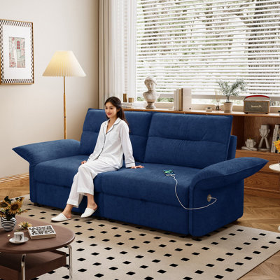 85" Pull-Out Sleeper Sofa Bed with USB Charging Ports, Upholstered Convertible Couch for Living Room & Apartment, Blue
