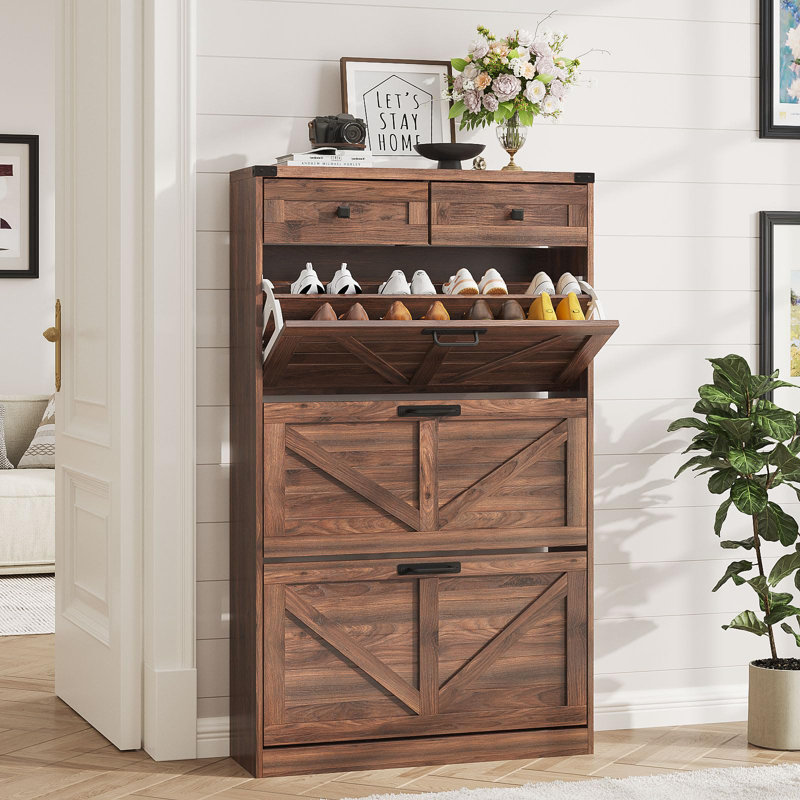 Armoire à chaussures avec 3 tiroirs rabattables et 2 tiroirs, Noyer foncé