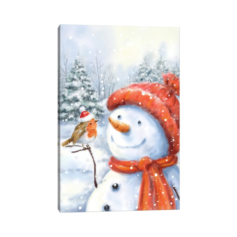 «Snowman and Robin I» par Makiko - peinture sur toile tendue, H 18 po x l 12 po x 1,5 po