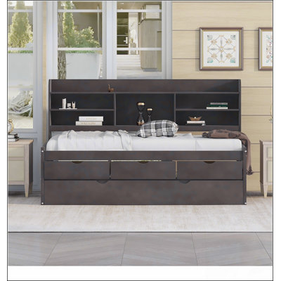 Wooden Captain Bed With Built-In Bookshelves