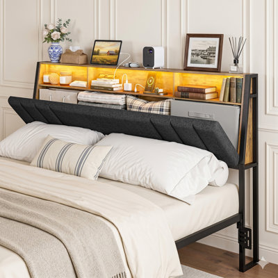 Hidden Storage Headboard King Size With Charging Station, Ergonomic Upholstered King Headboard Only With Led Lights, 2 Outlets & 2 Usb Ports, Attach Frame, Easy Assembly, Dark Grey