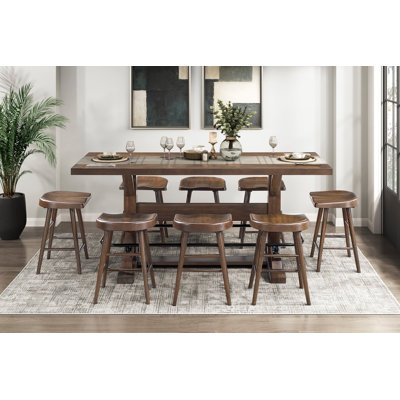 9-Piece Counter Height Dining Set, 78 x 32 x 36 Inch Table, 17 x 15 x 24 Inch Stool, Acacia Veneer, Wood and Engineered Wood, 9 Piece (1 Table and 8 Stools), Brown, Black Metal Footrest with Sculpted Saddle Stools
