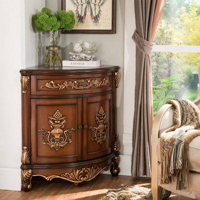 Vintage Hand-Carved Ornate Corner Cabinet, Solid Wood Freestanding Accent Storage Cabinet with Drawer & Doors for Entryway, Living Room
