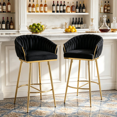Set of 2 Velvet Counter Height Bar Stools with Gold Metal Legs for Dining Room and Bar