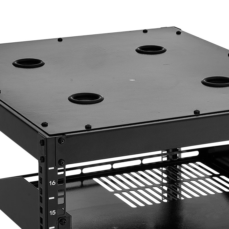 Support de serveur à cadre ouvert 16U, profondeur de 23 po, fixé au mur ou au sol, utilisable par l'utilisateur, pour les espaces de bureau de classe et de rangement, les supports ventilés et le matériel audio-vidéo