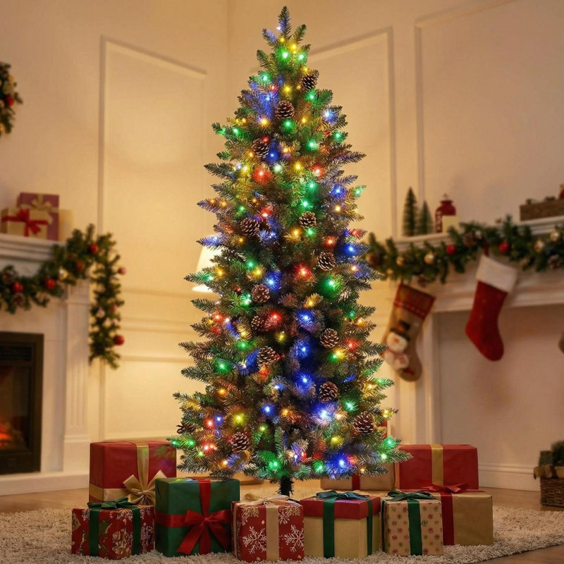Arbre de Noël artificiel mince illuminé 6 pi avec 250 lumières DEL multicolores - Décoration de Noël peu encombrante