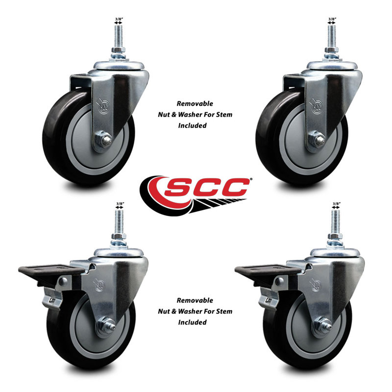 4 Inch_ Polyurethane 3/8 Inch Threaded Stem Caster Set 2 Brakes SCC