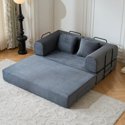 Lit convertible gris de 150 cm avec oreiller cylindrique, design 5 en 1, revêtement en velours côtelé, gain de place pour les petits espaces, canapé-lit pliant en velours côtelé, multifonctionnel.