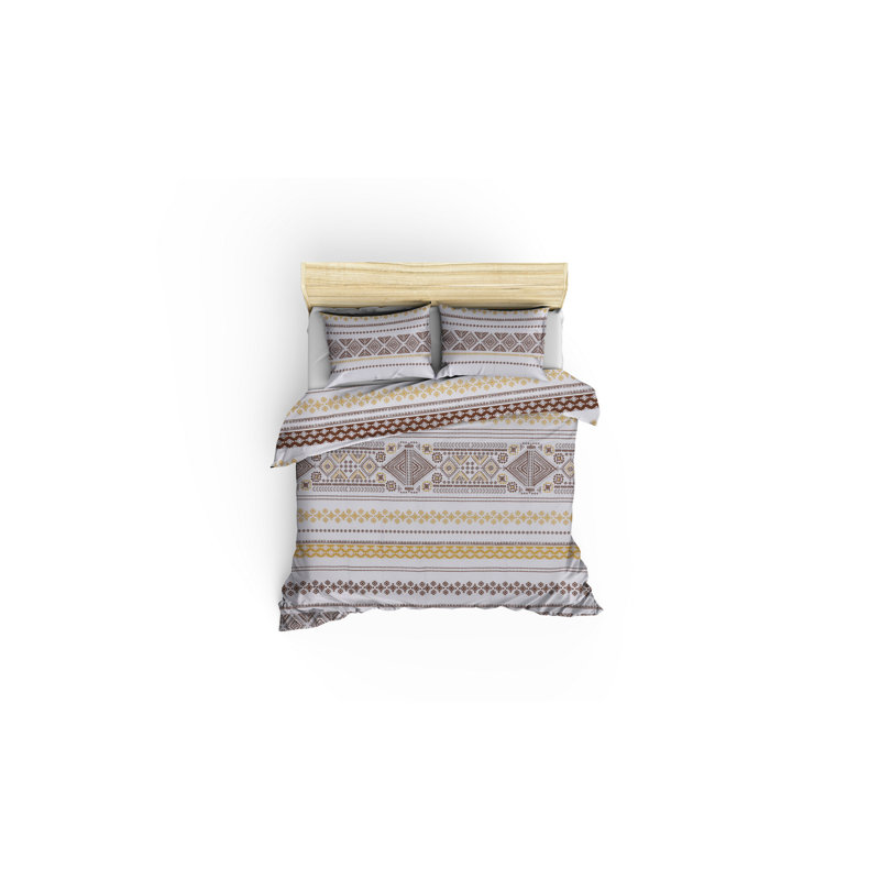 Ensemble de housse de courtepointe 100% coton Ranforce, blanc, brun et jaune, 86,6 x 86,6 po | 145 fils, impression de pigments | Lavable à la machine, fermeture à boutons et enveloppes | Literie douce et durable pour un sommeil douillet