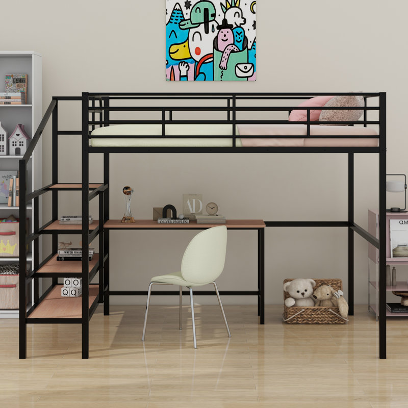 Lit mezzanine en métal avec bureau et échelle de rangement latérale, Noir