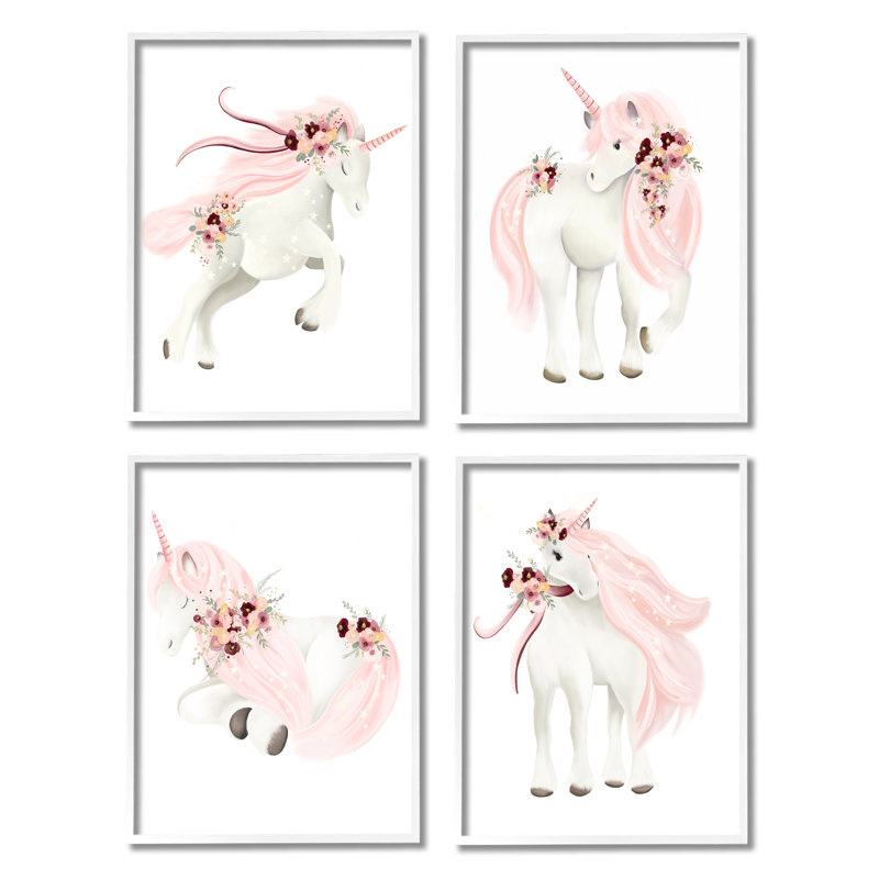 Licornes roses pastel encadrées sur bois, reproduction de 4 pièces, H 40 po x l 32 po x P 1,5 po