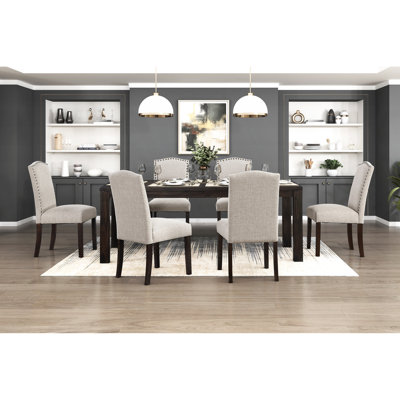 Ensemble de salle à manger moderne 7 pièces avec table rectangulaire brun foncé et 6 chaises rembourrées taupe, 6 sièges, garniture cloutée, capacité de chaise 250 lb Option 7: tissu texturé