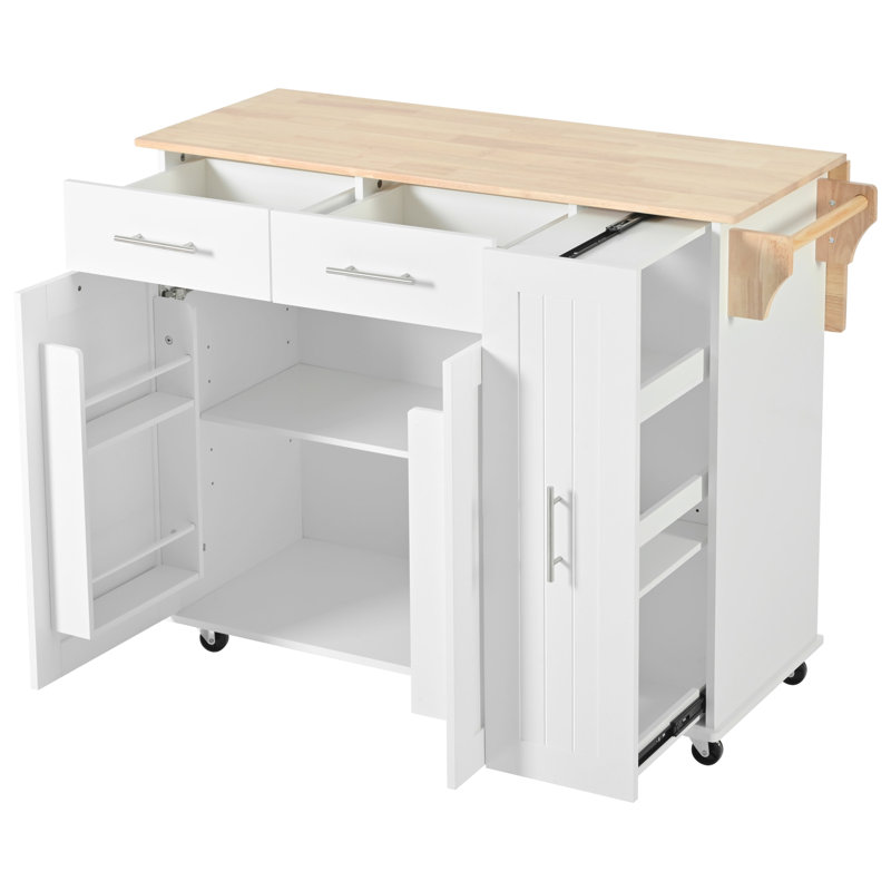 White Kitchen Cart Island With Movable Drop Leaf Feature, 3 Tier Pull Out Storage, Internal , Rolling Wheels, 2 Drawers, Towel Stand, Leaf, Organizer, Storage Rack, On Holder, Finish