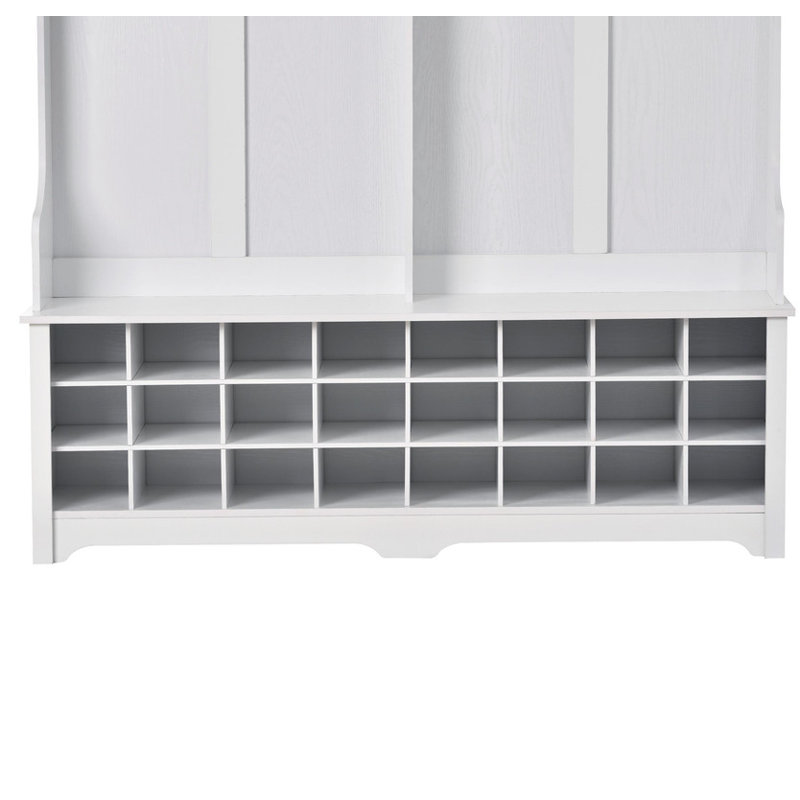 ON-TREND Modern Style Multiple Functions Hallway Coat Rack with Metal Black Hooks, Entryway Bench 60" Wide Hall Tree with Ample Storage Space and 24 Shoe Cubbies , White