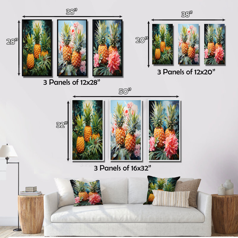 «Pineapples Tropical Dots», 3 pièces sur toile, Cadre flottant noir, H 40 po x l 60 po