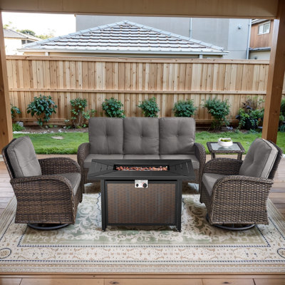 Aluel 5-Pieces Outdoor Wicker Patio Conversation Furniture Set with Rocking & Swivel Chairs and Rectangular Fire Pit Table with Windshield