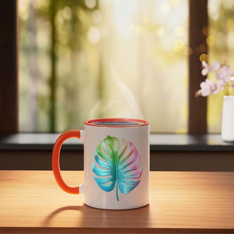 Rainbow Monstera Tropical Leaf Art Design Ceramic Mug, 11oz, Orange