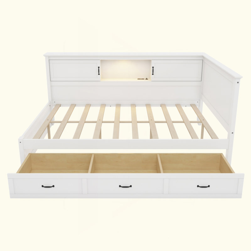 Cadre de lit en L avec tiroir et bibliothèque, lit d'angle en bois avec éclairage à DEL et port USB pour petite pièce, chambre à coucher, chambre d'amis