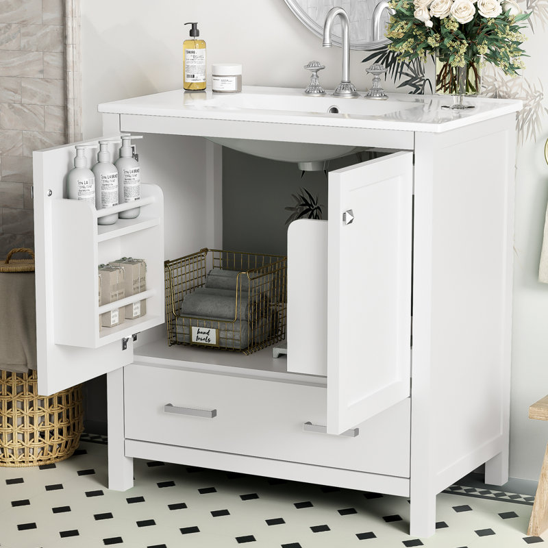 Meuble-lavabo 30 po avec fermeture en douceur, lavabo blanc, bois massif + armoire, 2 portes et 1 rangement, meuble-lavabo contemporain avec élément, lavabo en céramique, cadre, 2 portes et 1 tiroir