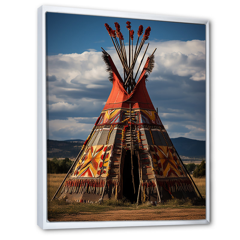 " Native Tipi Harmony Of Prairies ", White Floater Framed, 40" H x 30" W x 1.5" D