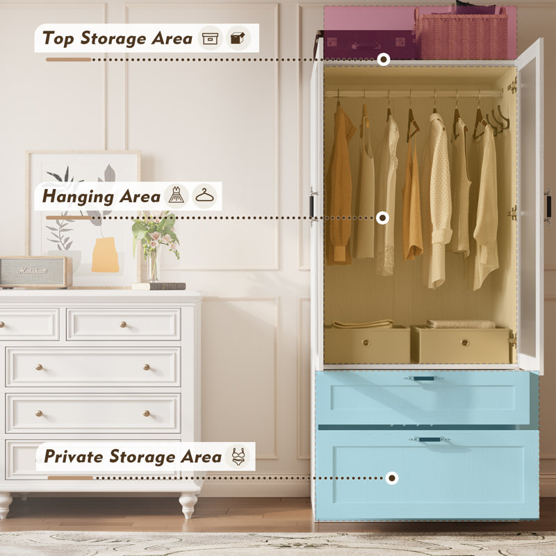 Armoire garde-robe à 2 portes avec tringle suspendue et 2 tiroirs Meissalivve