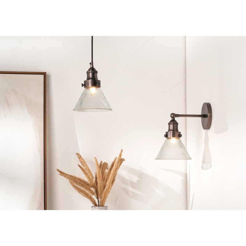 Conical Ribbed Glass with Antique Bronze Fitting Elec Pendant, Antique Bronze