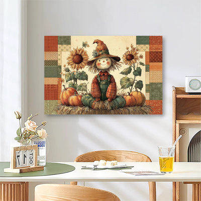 Cheerful Scarecrow Illustration Large Gallery Wrapped Canvas Wall Art Print for Living Room & Bedroom