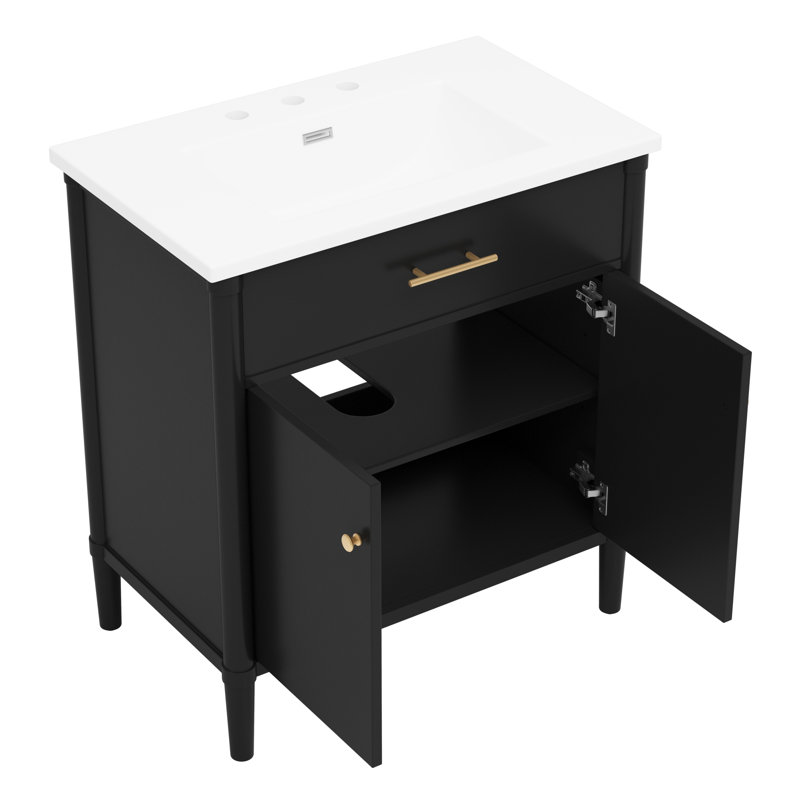 Meuble-lavabo de 31 po en noir, profil incurvé pour une utilisation élégante et élégante, charnières à fermeture en douceur, faux tiroir, lavabo en céramique, cadre à pieds noir de 31 po avec salle de bain fonctionnelle, portes