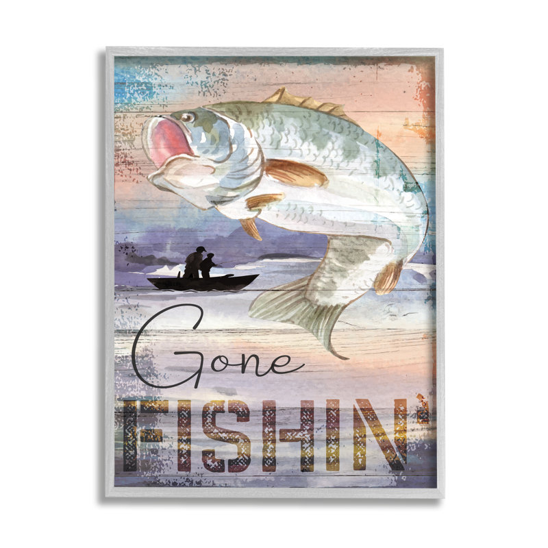 " Gone Fishin' Bass Angler Marine Life " by ND Art, 30" H x 24" W x 1.5" D, Farmhouse Gray Framed Giclee