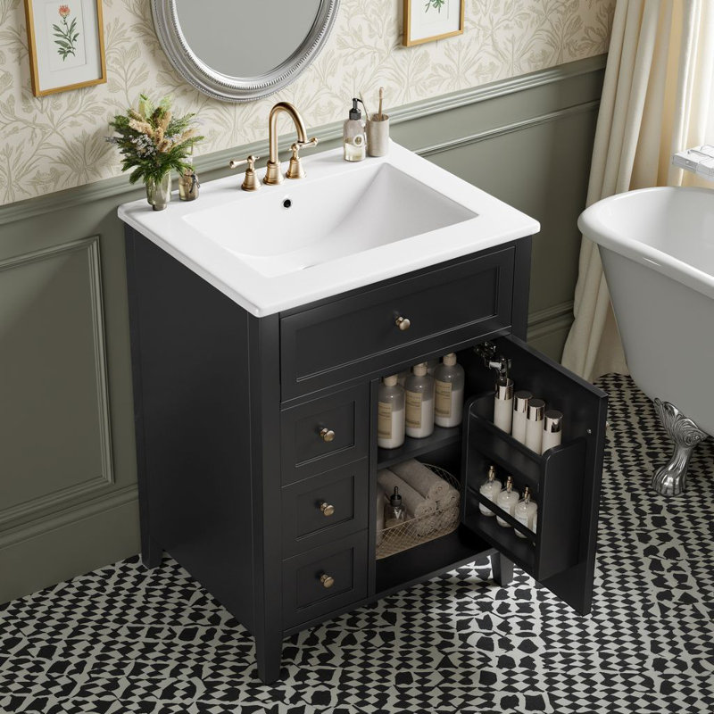 24" Freestanding Bathroom Vanity With Ceramic Sink & 1 Tip-Out Drawer & 3 Drawers And Cabinet With Adjustable Shelves, Black