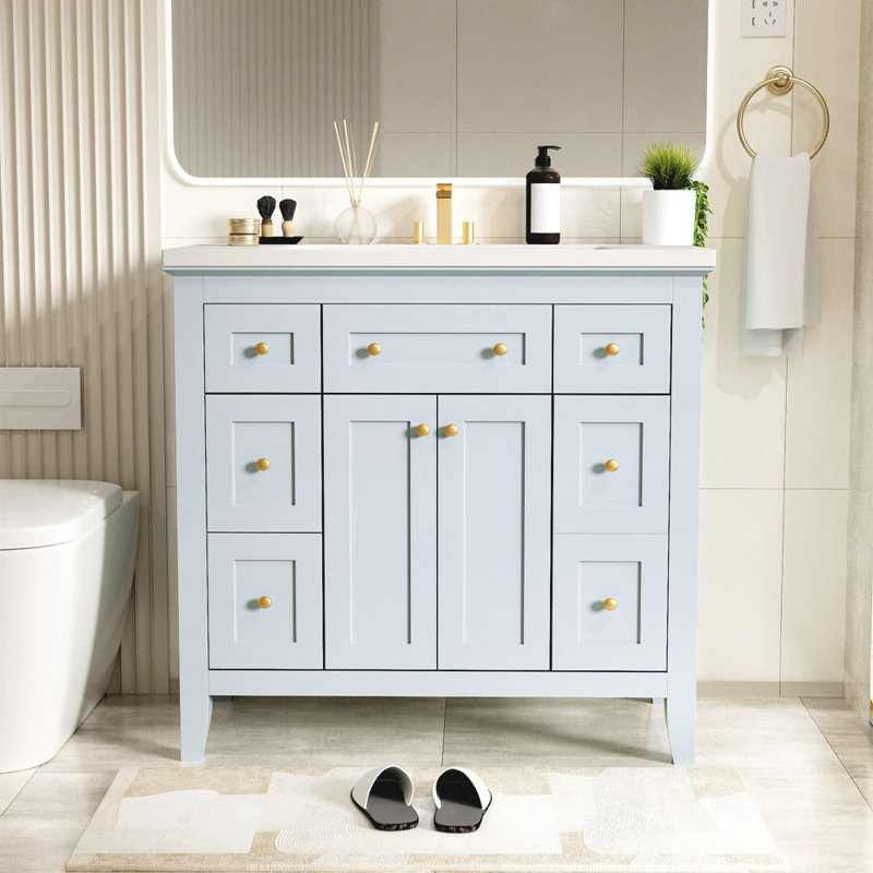 Meuble-lavabo simple 36 po avec plateau en bois manufacturé Trienette, Bleu clair