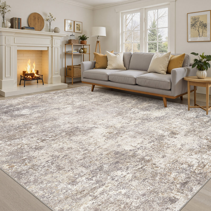  Dagmar Machine Washable Area Rug Abstract Modern Low Pile Indoor Carpet Neutral Non-Slip Backing Floor Mat for Bedroom Dining Room Farmhouse Home Office