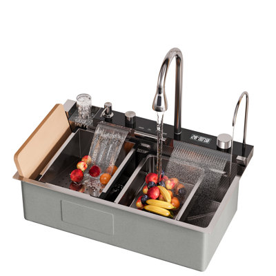 29inch Kitchen Sink with Waterfall Faucet Drop In Workstation 16-gauge Stainless Steel Multifunctional Single Bowl  ﻿