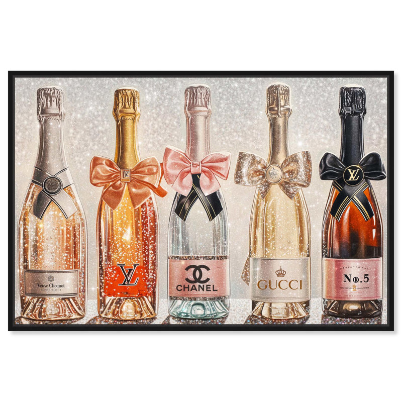 «Champagne Bottles Glitz» par Art Remedy, H 11 po x l 16 po, Cadre flottant, Noir