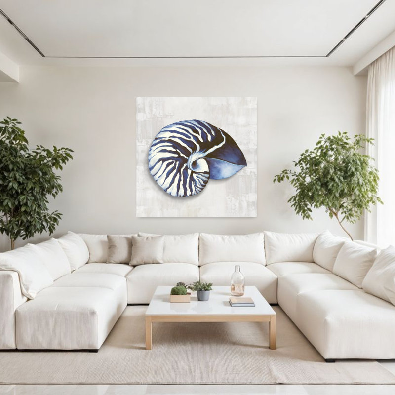 Nautilus coquille dans des teintes bleues I abstrait, art mural contemporain, H 48 po x l 48 po