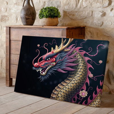 Canvas A Majestic Dragon Emerges From A Deep Black Background Its Wall Art Body Adorned With Intricate Scales In Shades Of Gold And Canvas Wall Art