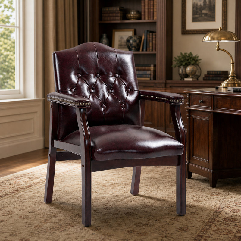 Chaise d'invité en cuir à dossier moyen avec accoudoirs rembourrés pour la réception de bureau, bourgogne, Bourgogne