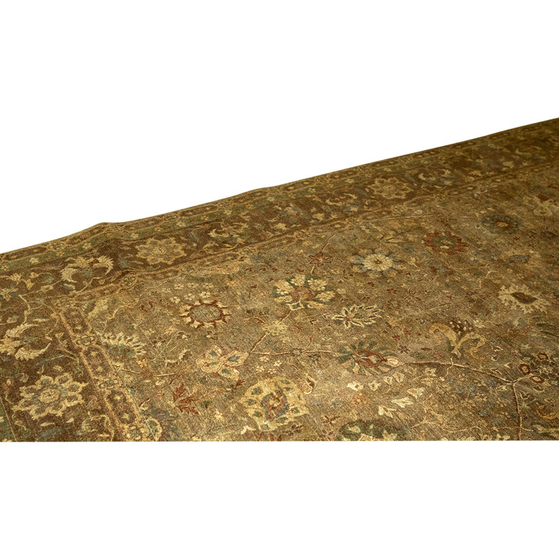 Tapis olive / brun / beige en laine noué à la main de conception unique 13 pi 9 po x 17 pi 11 po