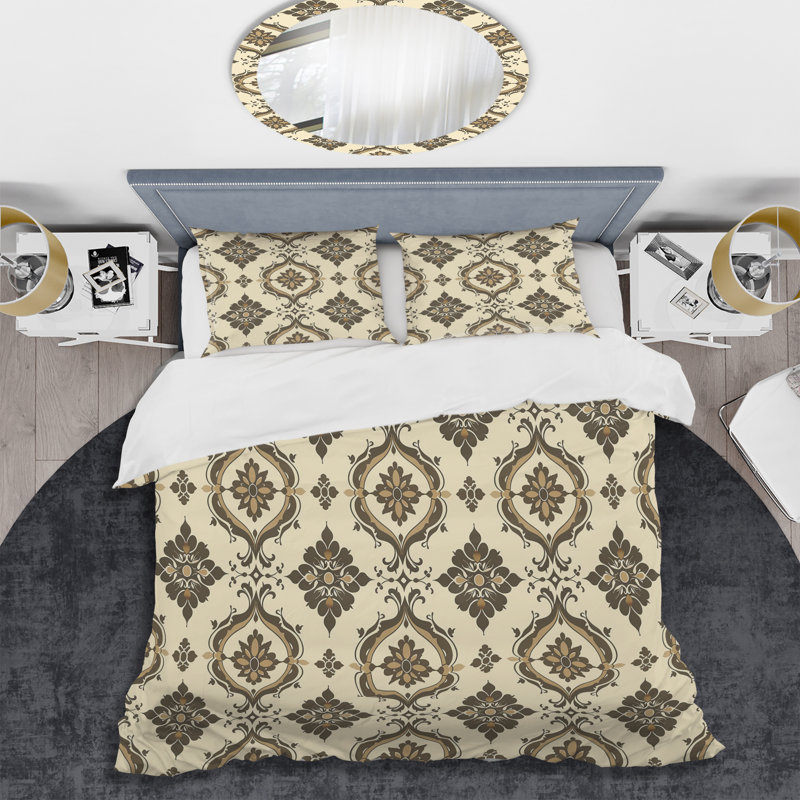 Ensemble de housse de couette transitionnelle brun et beige damassé Glam VII