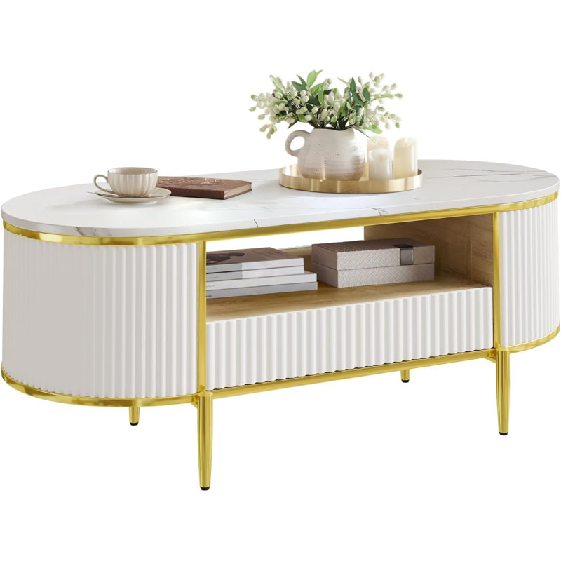 48'' Modern Oval Fluted Coffee Table With Drawer, Faux Marble Top, Gold Metal Decor