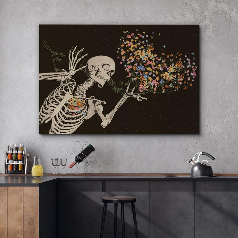 Moody Skull "Flowers For Love", impression d'art moderne sur toile encadrée, Toile tendue, H 32 po x l 48 po