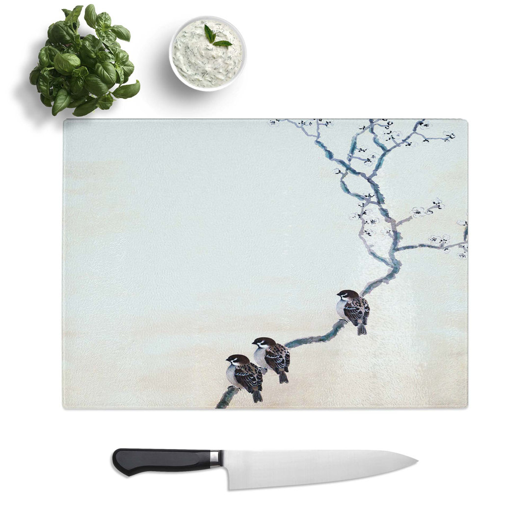 Tempered Glass Three Birds on a Branch by Hishida Shunso Chopping Board
