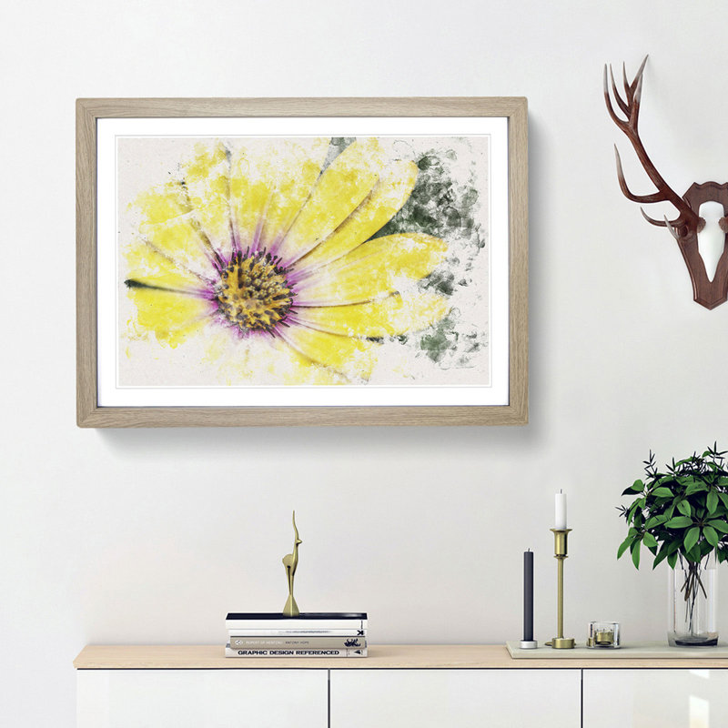 Yellow Gerbera Flower Watercolour - Framed Print, 33cm H x 45cm W x 2cm D, Oak