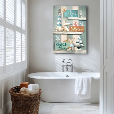 A wooden framed ocean bathroom wall art