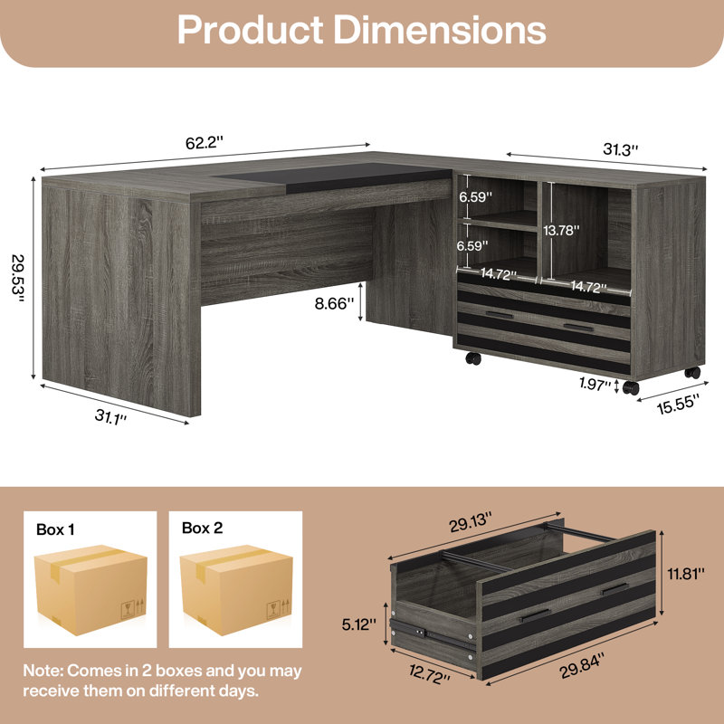 L-shaped Executive Office Desk With Mobile File Cabinet, Large Computer Desk For Home Office