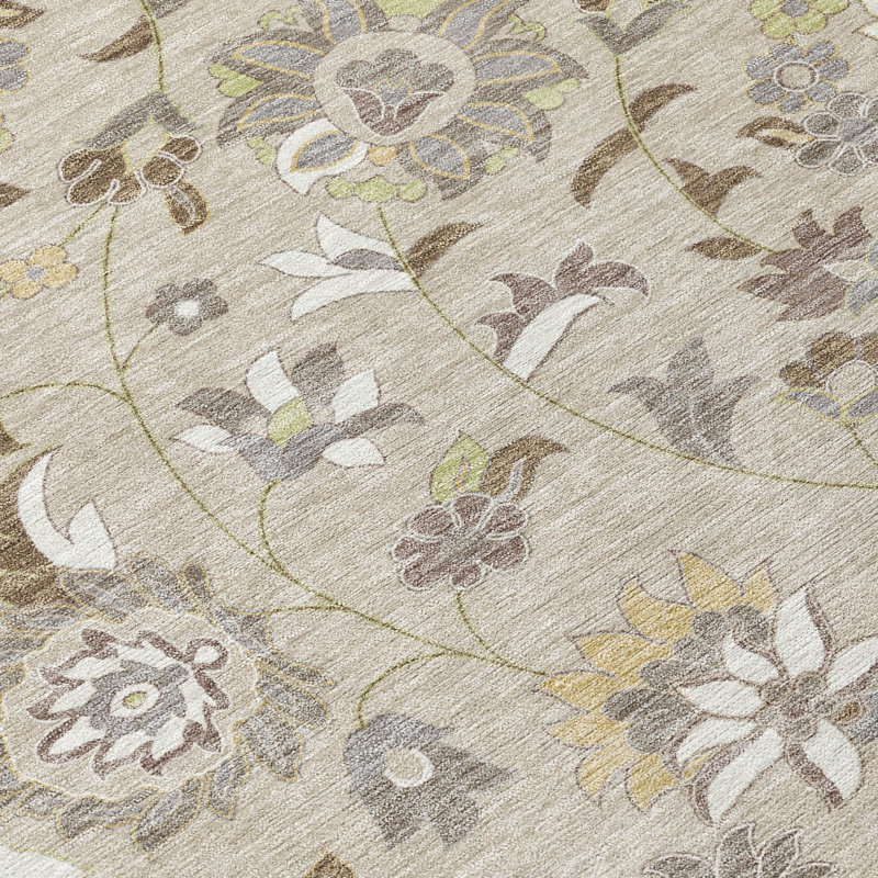 Beige Floral Synthetic Washable Rectangular Rug 20" x 30"